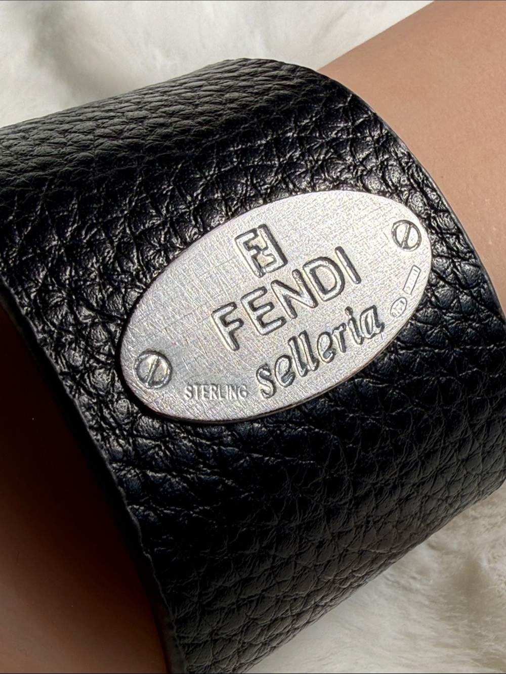 Fendi upcycled Black Leather Wide Cuff with sterlijng Silver Logo Plaque